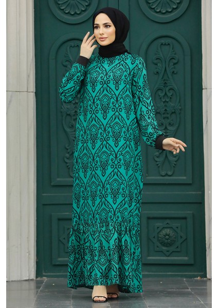 Desenli Çağla Yeşili Tesettür Elbise 2297CY