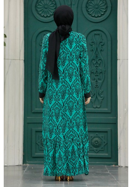 Desenli Çağla Yeşili Tesettür Elbise 2297CY fiyatları