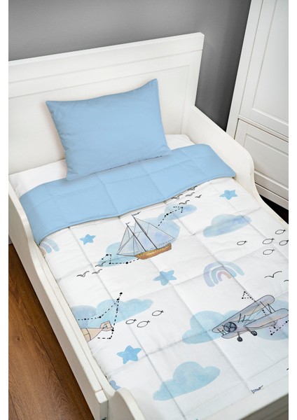 Baskılı Yorgan Seti (100x150 Cm) - Iconic Serisi - Mavi Hava Balonlu Gökkuşağı