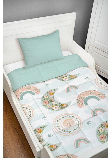 Baskılı Yorgan Seti (100x200 Cm) - Iconic Serisi - Çiçekli Ay ve Gökkuşağı