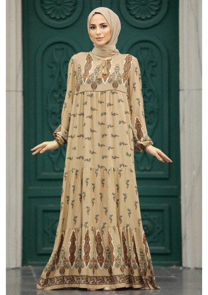 - Desenli Vizon Tesettür Elbise 50092V