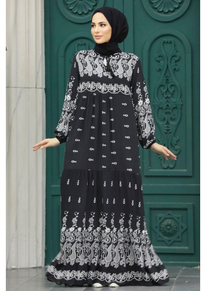 Desenli Siyah Tesettür Elbise 50096S