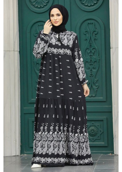 Desenli Siyah Tesettür Elbise 50096S modelleri