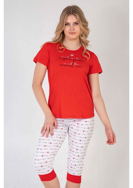 Pamuklu Kadın Kısa Kol Kaprili Pijama Takım