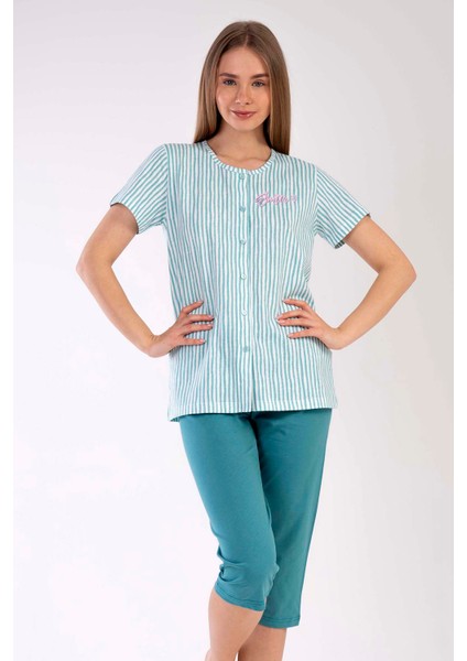 Pamuklu Kadın Tamamı Düğmeli Kısa Kol Kaprili Pijama Takım