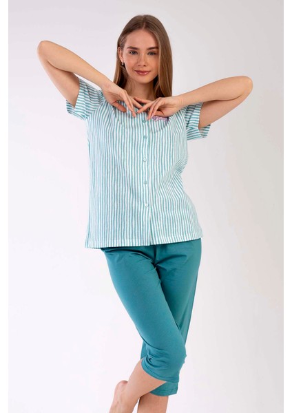 Pamuklu Kadın Tamamı Düğmeli Kısa Kol Kaprili Pijama Takım