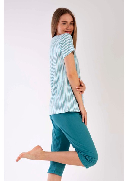 Pamuklu Kadın Tamamı Düğmeli Kısa Kol Kaprili Pijama Takım
