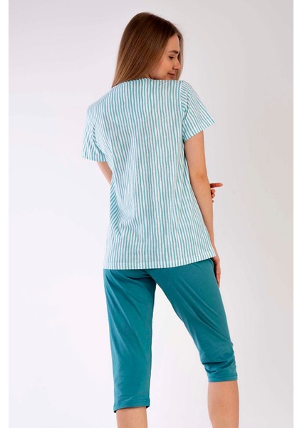 Pamuklu Kadın Tamamı Düğmeli Kısa Kol Kaprili Pijama Takım