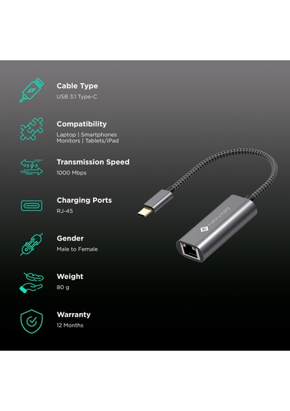 Type-C To RJ45 Gigabit 1000MBPS Ethernet Dönüştürücü Adaptör