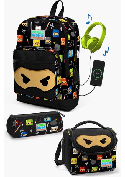 Kids Siyah Ninja Desenli Usb'li 3’lü Okul Çanta Seti SET0123285 fiyatları