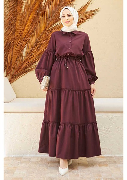 6567-BÜZGÜLÜ Bağcıklı Elbise Bordo