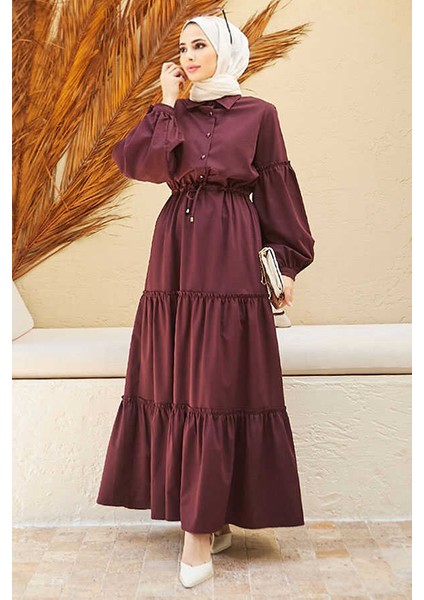 6567-BÜZGÜLÜ Bağcıklı Elbise Bordo fiyatları