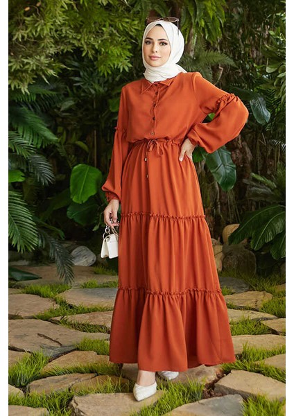 6567-BÜZGÜLÜ Bağcıklı Elbise Taba