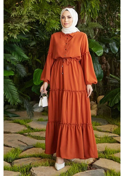 6567-BÜZGÜLÜ Bağcıklı Elbise Taba fiyatları