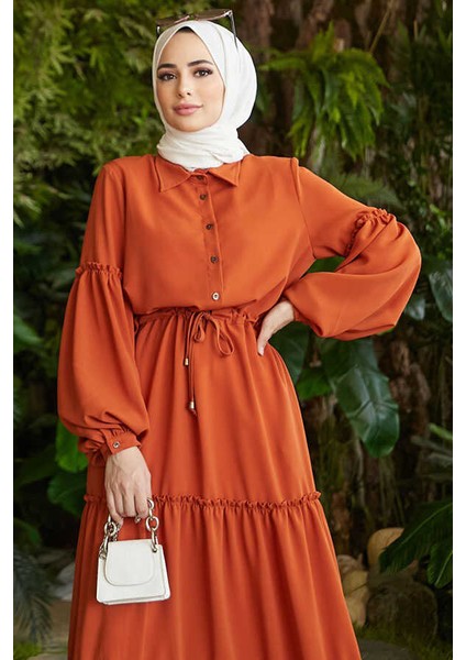 6567-BÜZGÜLÜ Bağcıklı Elbise Taba modelleri