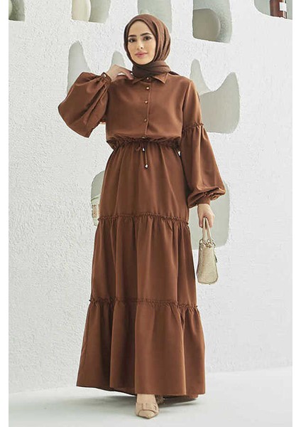 6567-CARLA Büzgülü Elbise Kahve