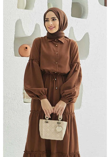 6567-CARLA Büzgülü Elbise Kahve fiyatları