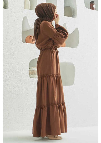 6567-CARLA Büzgülü Elbise Kahve modelleri