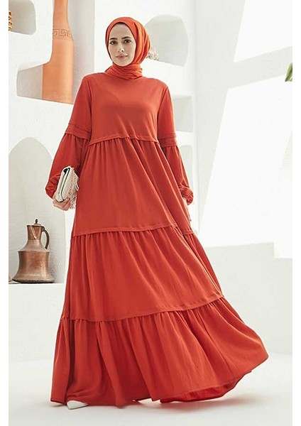 6510-ANCELINA Büzgülü Elbise Kiremit