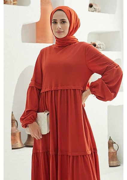 6510-ANCELINA Büzgülü Elbise Kiremit fiyatları