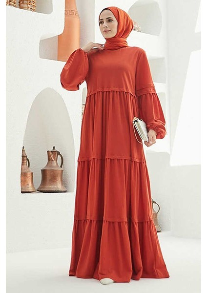 6510-ANCELINA Büzgülü Elbise Kiremit modelleri