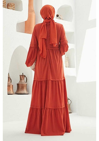 6510-ANCELINA Büzgülü Elbise Kiremit fırsatları