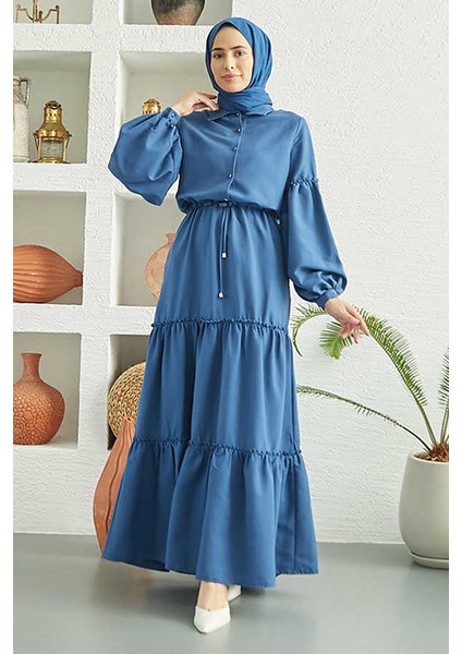 6567-CARLA Büzgülü Elbise Indigo