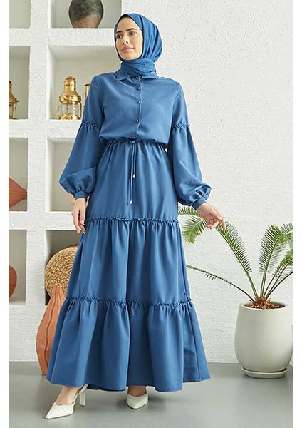 6567-CARLA Büzgülü Elbise Indigo