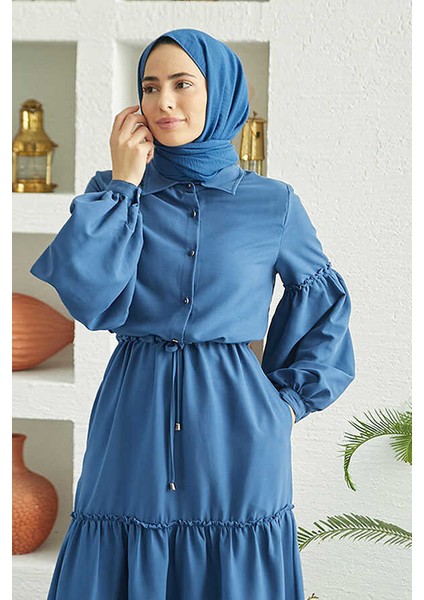 6567-CARLA Büzgülü Elbise Indigo