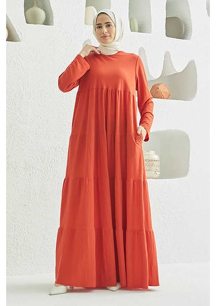 6400-ANCELINA Büzgülü Elbise Kiremit