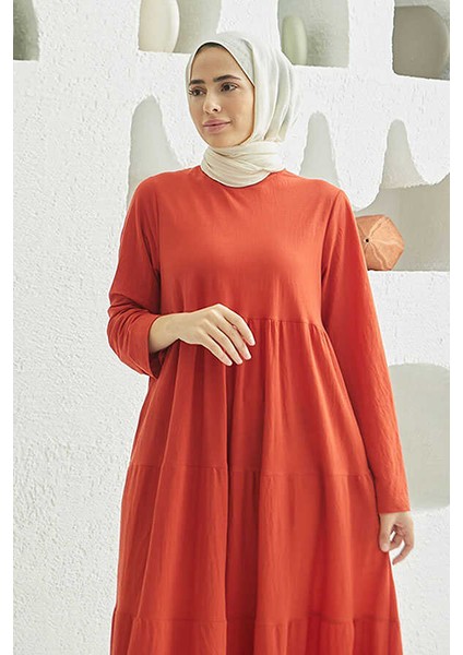 6400-ANCELINA Büzgülü Elbise Kiremit fiyatları