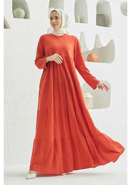 6400-ANCELINA Büzgülü Elbise Kiremit modelleri