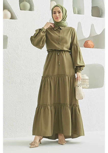 6567-CARLA Büzgülü Elbise Haki