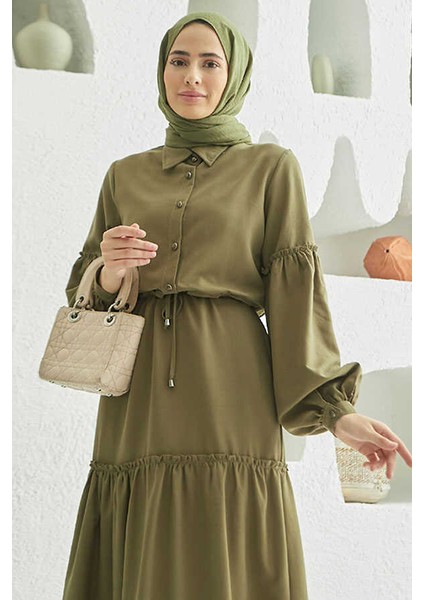 6567-CARLA Büzgülü Elbise Haki modelleri