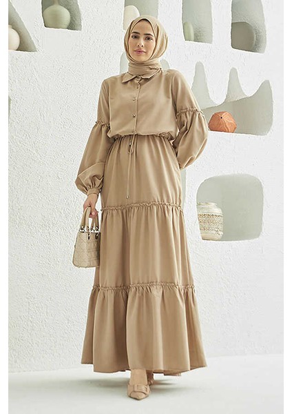 6567-CARLA Büzgülü Elbise Bej