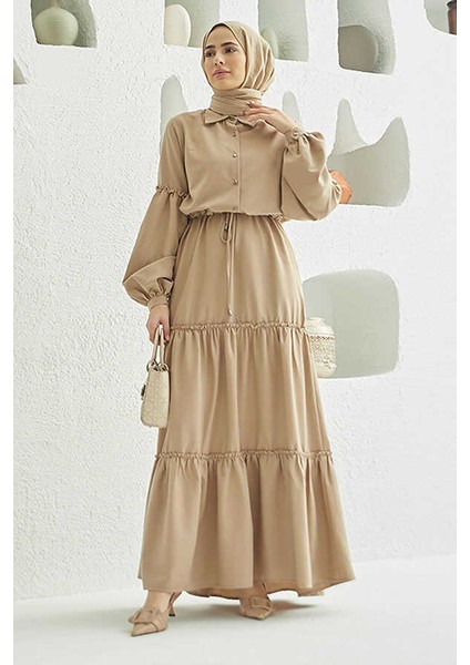 6567-CARLA Büzgülü Elbise Bej fiyatları