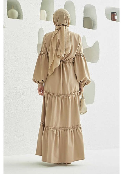 6567-CARLA Büzgülü Elbise Bej fırsatları