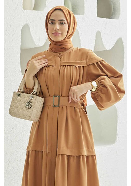 6567-CARLA Büzgülü Elbise Camel