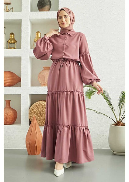 6567-CARLA Büzgülü Elbise Gül Kurusu