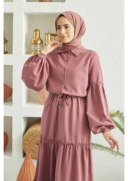 6567-CARLA Büzgülü Elbise Gül Kurusu fiyatları