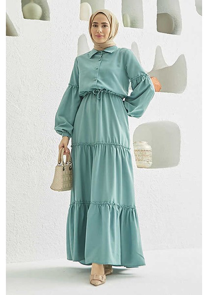 6567-CARLA Büzgülü Elbise Mint Yeşili