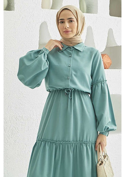 6567-CARLA Büzgülü Elbise Mint Yeşili modelleri
