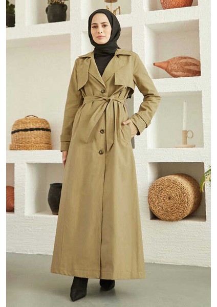 6604- Uzun Trençkot Koyu Bej