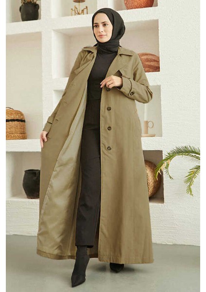 6604- Uzun Trençkot Koyu Bej fiyatları