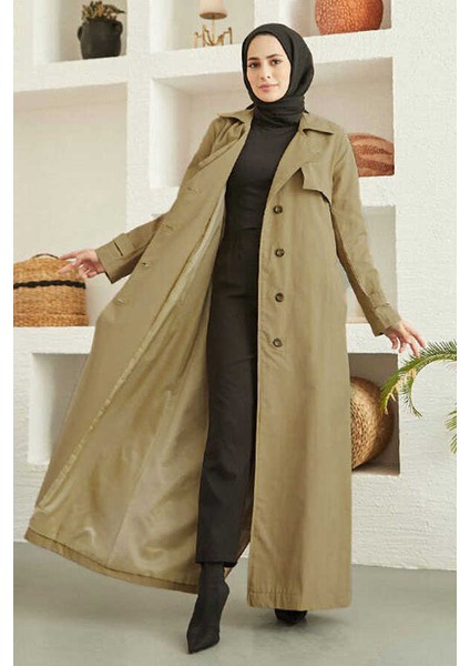 6604- Uzun Trençkot Koyu Bej modelleri