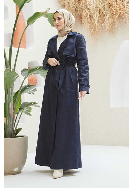 6604- Uzun Trençkot Lacivert