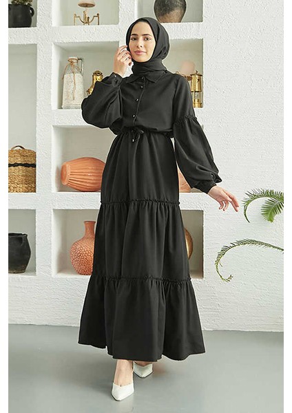 6567-CARLA Büzgülü Elbise Siyah