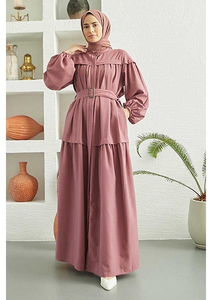 6605-CARLA Büzgülü Kuşaklı Elbise Gül Kurusu