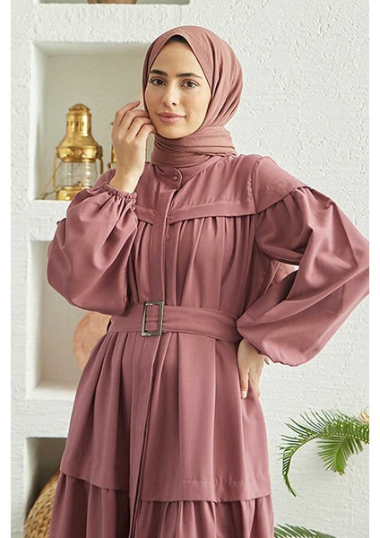 6605-CARLA Büzgülü Kuşaklı Elbise Gül Kurusu modelleri