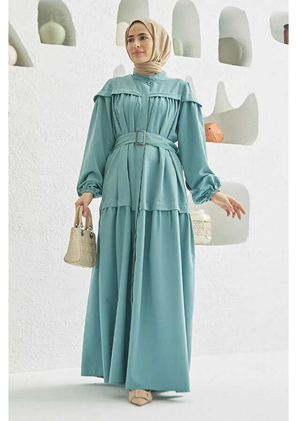 6605-CARLA Büzgülü Kuşaklı Elbise Mint Yeşili